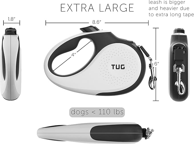 TUG XL 360° Tangle-Free Retractable Dog Leash with Anti-Slip Handle | 26 ft Strong Nylon Tape | One-Handed Brake, Pause, Lock (Extra Large, White) TUG