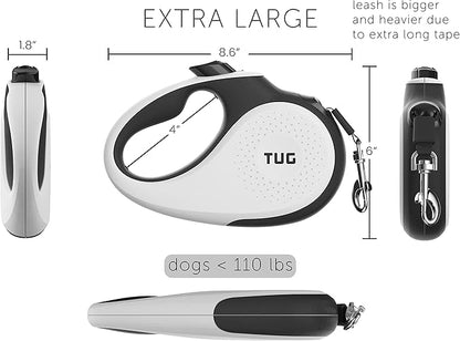 TUG XL 360° Tangle-Free Retractable Dog Leash with Anti-Slip Handle | 26 ft Strong Nylon Tape | One-Handed Brake, Pause, Lock (Extra Large, White) TUG
