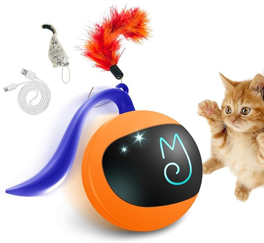 Migipaws Interactive Cat Ball Toy Set, Fun Tracker, Automatic Rolling Chase Ball with Fluffy Tail, A Small Mice, Rechargeable（Orange） - PAWPICO