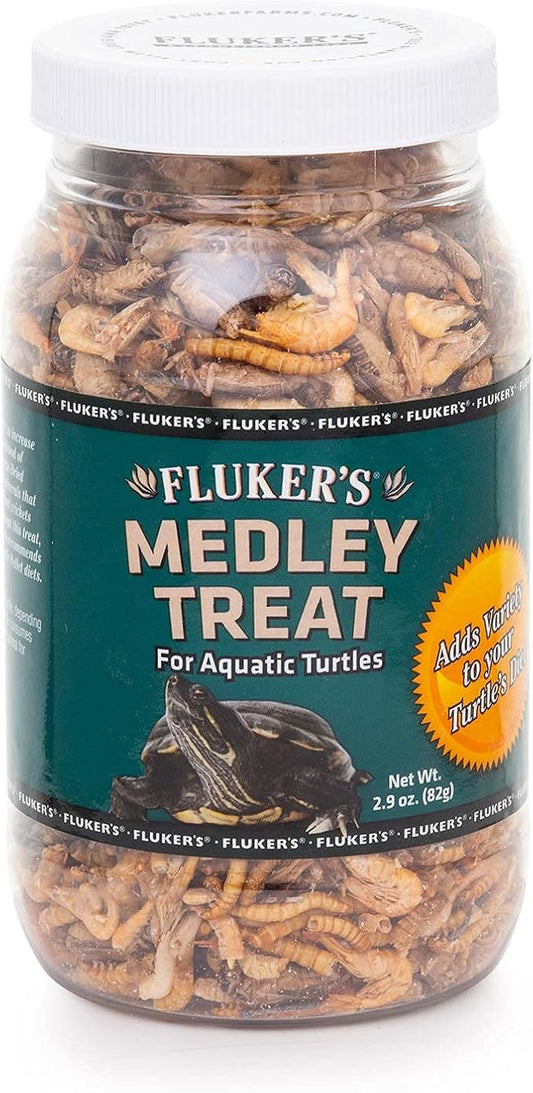 Fluker's Aquatic Turtle Food, Vitamin, Enriched Medley Treats of Freeze, Dried River Shrimp, Mealworms, and Crickets, 2.9 oz Flukers