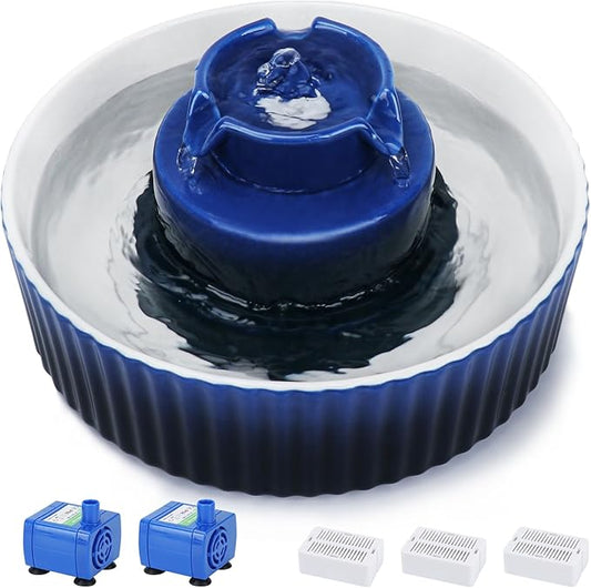 Ceramic Cat Water Fountain, 2.1L/71oz Cat Fountain with 3 Carbon Filters and 2 Water Pumps, Cupcake Pet Water Fountain for Cats and Dogs (Dark Blue) - PAWPICO