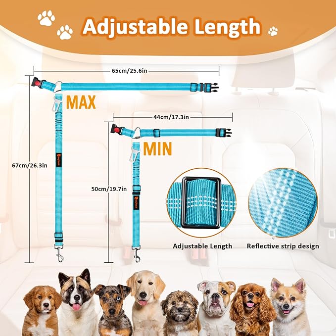 Removable Dog Seat Belt Harness for Car, 3 in 1 Pet Dog Car Seatbelt Leash, Retractable Restraint Secures to Vehicle Headrest & Adjustable Reflective Bungee Dog Seatbelt Tether, Blue - PAWPICO