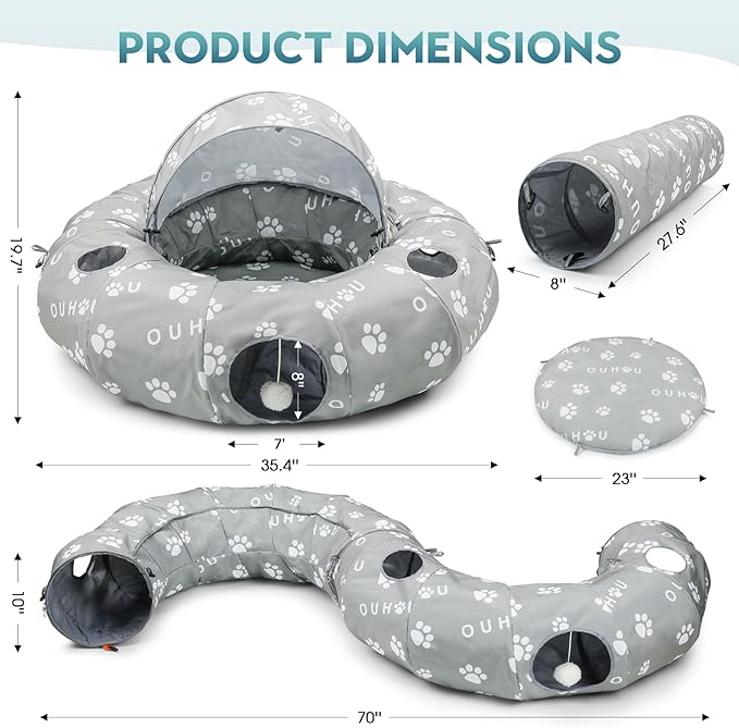 Cat Tunnel Bed, Cat Tunnels for Indoor Cats, Cat Donut Tunnel with Mat, Straight Tunnel, 4 Hanging Balls and Blackout Tent, Collapsible Peekaboo Cat Cave - PAWPICO