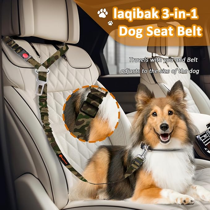 Removable Dog Seat Belt Harness for Car, 3 in 1 Pet Dog Car Seatbelt Leash, Retractable Restraint Secures to Vehicle Headrest & Adjustable Reflective Bungee Dog Seatbelt Tether, Camouflage laqibakProductcollection