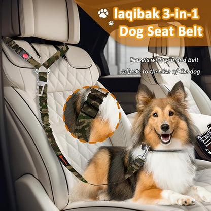 Removable Dog Seat Belt Harness for Car, 3 in 1 Pet Dog Car Seatbelt Leash, Retractable Restraint Secures to Vehicle Headrest & Adjustable Reflective Bungee Dog Seatbelt Tether, Camouflage laqibakProductcollection