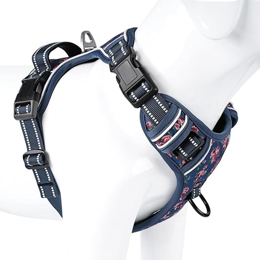 Timos Dog Harness for Large Dog, No Pull Service Vest with Reflective Strips and Control Handle,No Choke Dog Harness with 2 Metal Rings for Easy Walking,Outdoor Training,Flower Blue, XL Timos