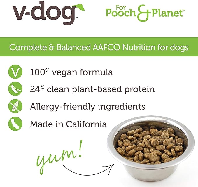 V-dog Vegan Kibble Dry Dog Food (24 LB) | Plant Based Protein with Added Taurine for Sensitive Stomach and Skin | Adult Dog Food | Vegetarian Superfood | Made in US - PAWPICO