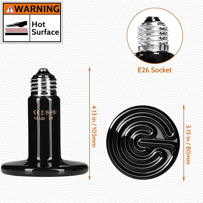 150W Ceramic Heat Emitter, Black Reptile Heat Bulb, No Light No Harm, Infrared Reptile Heat Lamp for Lizard, Amphibian, Turtle, Dog, Cat, Ideal for Terrarium, Incubating Chicken, ETL Listed HARTOMPET