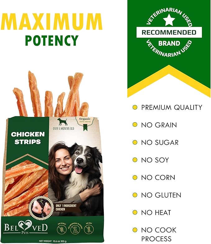 Beloved Pets Chicken Jerky Strips Dog Treats - Human Grade Meat Sticks - Natural Pet Dried Snacks Rawhide - Free - Long Lasting Chews for Large & Small Dogs - Best for Training & Healthy Teeth - PAWPICO