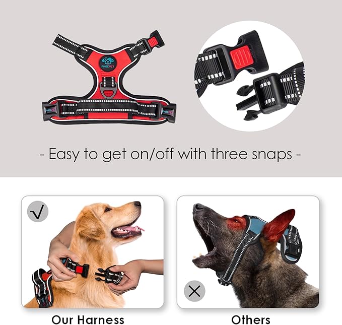 PHOEPET Reflective Dog Harness Large Breed Adjustable No Pull Vest with Handle 2 Metal Rings 3 Buckles [Easy to Put on & Take Off](L, Red) PHOEPET