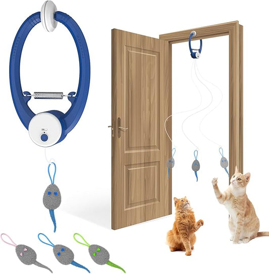 Cat Toy Interactive for Indoor Cats, Smart USB Rechargeable Door Hanging Automatic Retractable Kitten Toys, Teaser Electronic Self Play Feather Cat String Toys Attached with 3 Catnip Mice Blue - PAWPICO