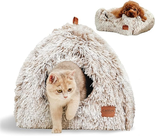 CATISM Cat Bed, Cat Cave for Indoor Cats, Soft Cat Dome, Self-Warming 2 in 1 Foldable Pet Cat House with Washable Cushioned Pillow Calming Fluffy Dog Beds for Small Dogs with Anti-Slip Bottom Brown - PAWPICO