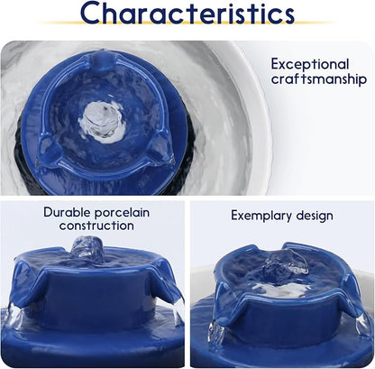 Ceramic Cat Water Fountain, 2.1L/71oz Cat Fountain with 3 Carbon Filters and 2 Water Pumps, Cupcake Pet Water Fountain for Cats and Dogs (Dark Blue) - PAWPICO