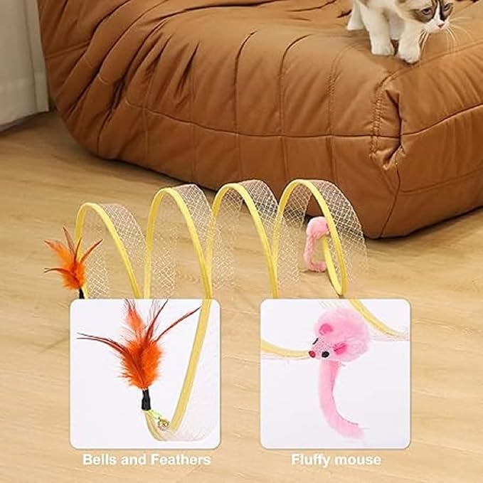 2Pcs Folded Cat Tunnel Toy for Indoor Cats,Collapsible Pet Spring Cat Toys with Feather Mouse Upgrade Interactive Toy Playing Tent for Puppy Kitten Accessories Home Self-Happy Cat Toys (Yellow) - PAWPICO