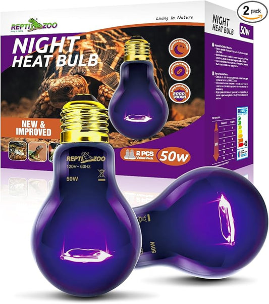 REPTIZOO 2PCS Reptile Night Heat Lamp, 50W Moonlight Heat Bulb Infrared Heating Lamp Purple Reptile Heat Lamp Night Bulb for Bearded Dragon, Lizard, Snake, Turtle REPTIZOO