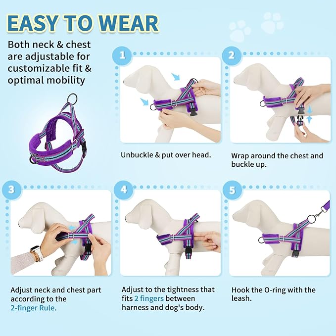 SlowTon No Pull Small Dog Harness and Leash Set, Puppy Soft Vest Harness Neck & Chest Adjustable, Reflective Lightweight Harness & Anti-Twist Pet Lead Combo for Small Medium Dogs (PU-Front Clip, XS) SlowTon