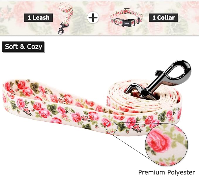 Ihoming Dog Collar and Leash Set for Daily Outdoor Walking Running Training, Pink Flowers Design for Medium Boys Girls Dogs Cats Pets, M-Up to 45LBS Ihoming