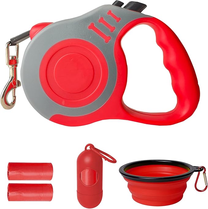 Retractable Dog Leash Automatic Telescopic Tractor Dog Tape, Pet Tape 10/16 FT Durable and Convenient, with Folding Bowl, Dispenser, Rubbish Bags, Suitable for Small and Medium Dogs LIEVUIKEN