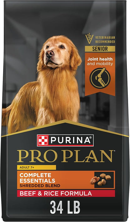Purina Pro Plan Adult 7 Plus Complete Essentials Shredded Blend Beef and Rice Formula High Protein Dog Food for Senior Dogs - 34 lb. Bag - PAWPICO