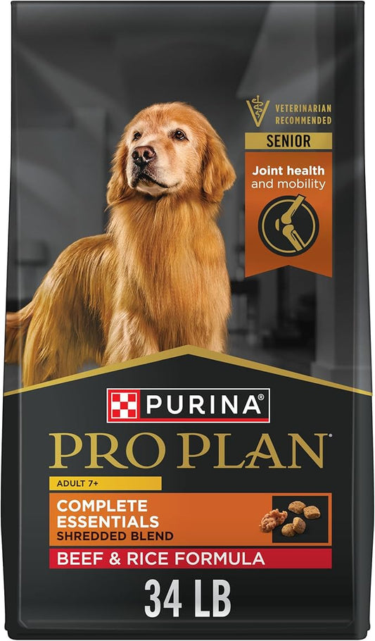 Purina Pro Plan Adult 7 Plus Complete Essentials Shredded Blend Beef and Rice Formula High Protein Dog Food for Senior Dogs - 34 lb. Bag - PAWPICO