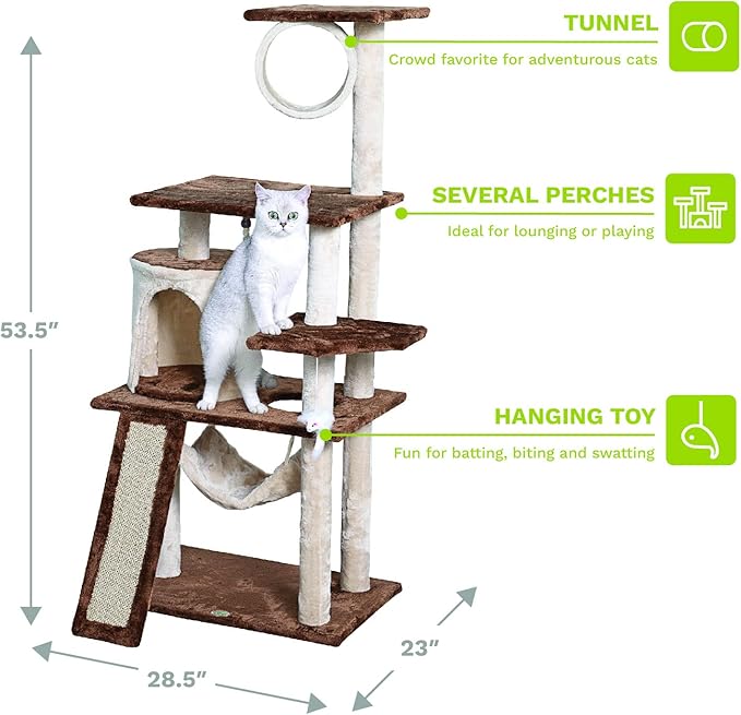 Go Pet Club Everyday Value 53in Cat Tree Kitty Tower Kitten Scratcher Condo House Furniture with Hammock and Tunnel Indoor Cat Activity Center, Beige/Brown - PAWPICO