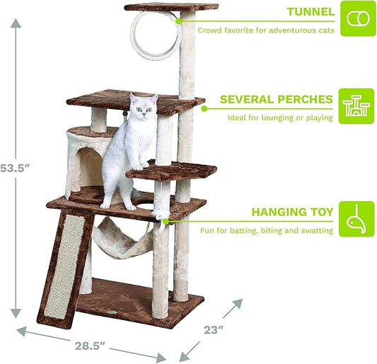 Go Pet Club Everyday Value 53in Cat Tree Kitty Tower Kitten Scratcher Condo House Furniture with Hammock and Tunnel Indoor Cat Activity Center, Beige/Brown - PAWPICO