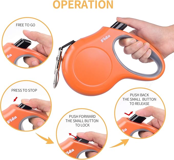 Fida Retractable Dog Leash, 16ft Heavy Duty Pet Walking Leash for Medium/Large Dog up to 110 lbs, Tangle Free. One-Hand Brake (Large, Orange) Fida