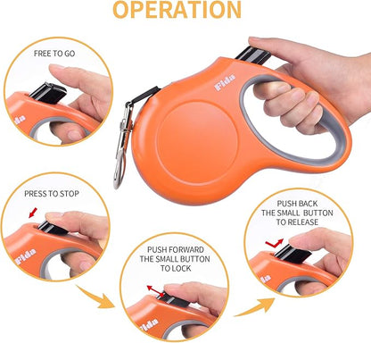 Fida Retractable Dog Leash, 16ft Heavy Duty Pet Walking Leash for Medium/Large Dog up to 110 lbs, Tangle Free. One-Hand Brake (Large, Orange) Fida