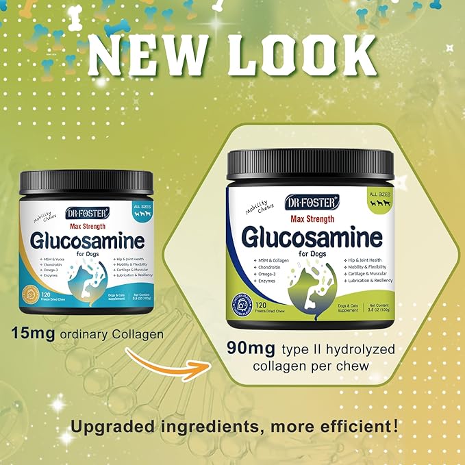 Glucosamine for Dogs, Hip and Joint Supplement for Dogs with Chicken Flavor, Anti Inflammatory, Dog's Chondroitin, Digestive Enzymes, Omega-3, Vitamin D, MSM, Calcium, Turmeric, 120 Freeze-Dried Chews DRFOSTER