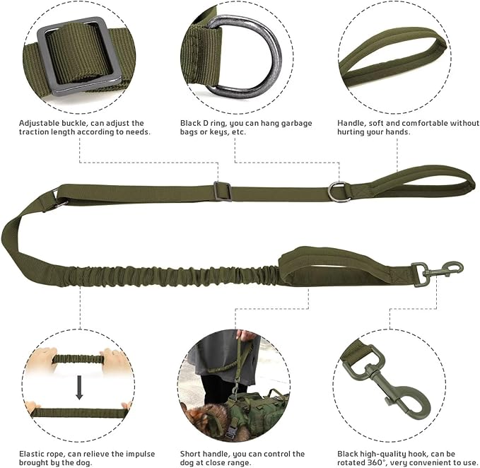 Forestpaw Tactical Dog Harness for Large Dogs,Tactical Dog Collar with Bungee Leash Set,No Pull Military Dog Harness for Dog Walking Training,Adjustable for Medium Large Dogs,Green S Forestpaw