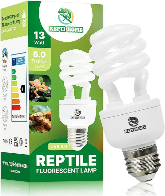 UVB Reptile Light 5.0, 13W Tropical and Sub-Tropical UVA UVB Bulb for Reptiles, Tropical Terrarium Compact Fluorescent Lamp, Reptile UVB Light Bulb for Chameleons, Iguanas and Turtles REPTIHOME