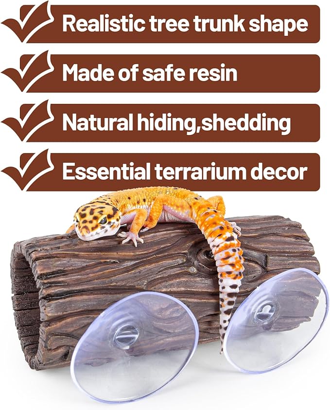 Reptile Hide, Resin Hollow Log Hideout with 2pcs Powerful Suction Cup, Reptile Tank Accessories Climbing Toys Terrarium Hideaway Caves Decor for Gecko, Lizard, Snakes, Hermit Crabs, Forgs CAVACHEWReptileSupplies