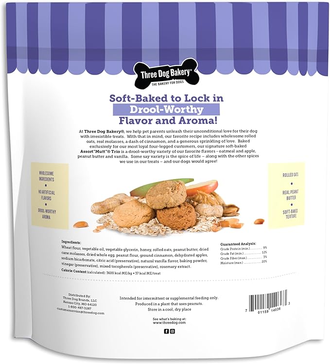 Three Dog Bakery Assort Mutt Cookie Trio, Soft Baked Treats for Dogs, Three Flavor; Oatmeal and Apple, Peanut Butter, and Vanilla, 3 Pound Bulk Resealable Pack - PAWPICO