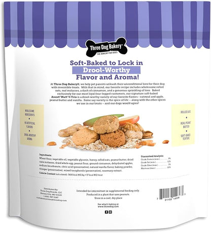 Three Dog Bakery Assort Mutt Cookie Trio, Soft Baked Treats for Dogs, Three Flavor; Oatmeal and Apple, Peanut Butter, and Vanilla, 3 Pound Bulk Resealable Pack - PAWPICO