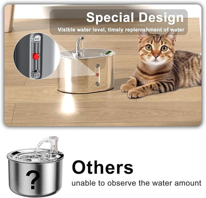 Joric Cat Water Fountain Stainless Steel, 2.5L/85oz Automatic Cat Water Dispenser with Water Level,Water Fountains for Cats Indoor,Super Silent Suitable for Multiple Pets, 2 Pack Filter Replacement - PAWPICO