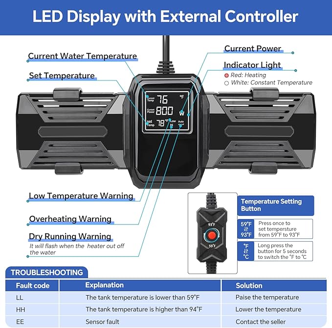 hygger Aquarium Heater, 500W 800W 1000W Submersible Fish Tank Heater with LED Digital Display Over-Temperature Protection and Automatic Power-Off, for Saltwater and Freshwater Tank up to 240 Gallon hygger