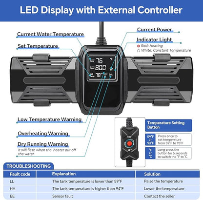 hygger Aquarium Heater, 500W 800W 1000W Submersible Fish Tank Heater with LED Digital Display Over-Temperature Protection and Automatic Power-Off, for Saltwater and Freshwater Tank up to 240 Gallon hygger