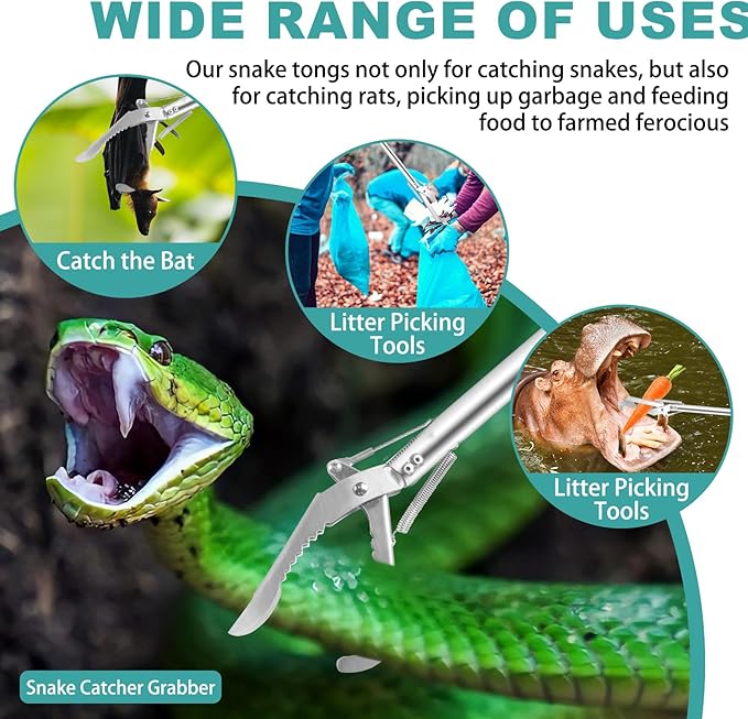 50" Collapsible Stainless Steel Snake Grabber Tool: Multi-Functional Hook, Tongs, Pole, Reacher for Safe Snake Handling and Rattlesnake Catching Repgfor