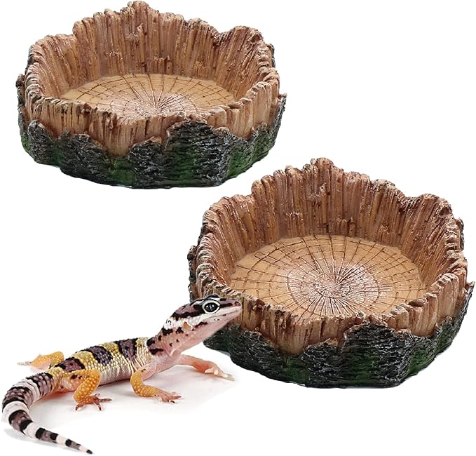 Reptile Water Dish Food Bowls, 2 Pcs Artificial Tree Trunk Reptile Tank Decor Bowl for Leopard Gecko Lizard Spider Scorpion Hermit Crabs relaqcc