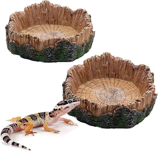 Reptile Water Dish Food Bowls, 2 Pcs Artificial Tree Trunk Reptile Tank Decor Bowl for Leopard Gecko Lizard Spider Scorpion Hermit Crabs relaqcc
