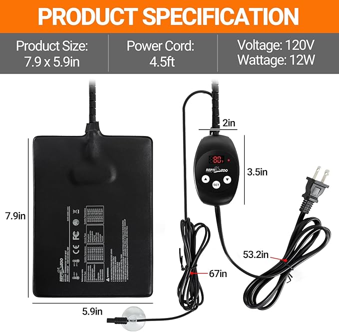 REPTI ZOO 6" X 8" Reptile Heat Pad Fast Heating Pad with Adjustable Thermostat 12W Reptile Heat Mat for Turtles/Hermit Crabs/Bearded Dragons/Leopard Geckos/Snakes/Lizards, and Seed Germination REPTIZOO