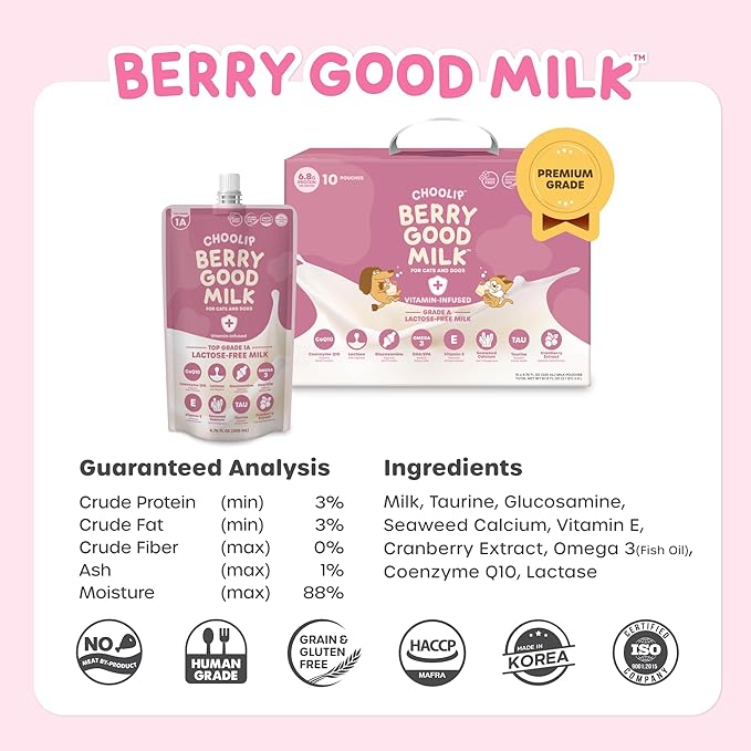 Berry Good Pet Milk. 10pk Vitamin-Infused Cat Milk, Dog, Kitten, Puppy Milk. Dog Bladder Support, Cat Kidney Support, Cat Urinary Supplement Cranberry, Omega 3, CoQ10, Glucosamine, Taurine CHOOLIP