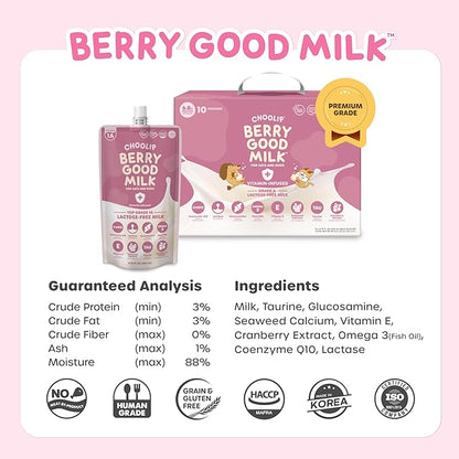 Berry Good Pet Milk. 10pk Vitamin-Infused Cat Milk, Dog, Kitten, Puppy Milk. Dog Bladder Support, Cat Kidney Support, Cat Urinary Supplement Cranberry, Omega 3, CoQ10, Glucosamine, Taurine CHOOLIP