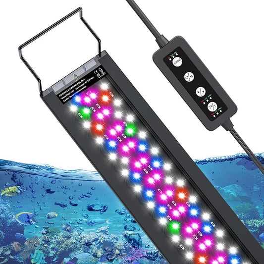 Aquarium Light for Fish Tank, Full Spectrum LED Aquarium Light for Plants, Adjustable Brightness, Timer Auto On/Off, White Blue Red Green Pink LEDs with Extendable Brackets for 18-24 Inch Tanks KINGDANS