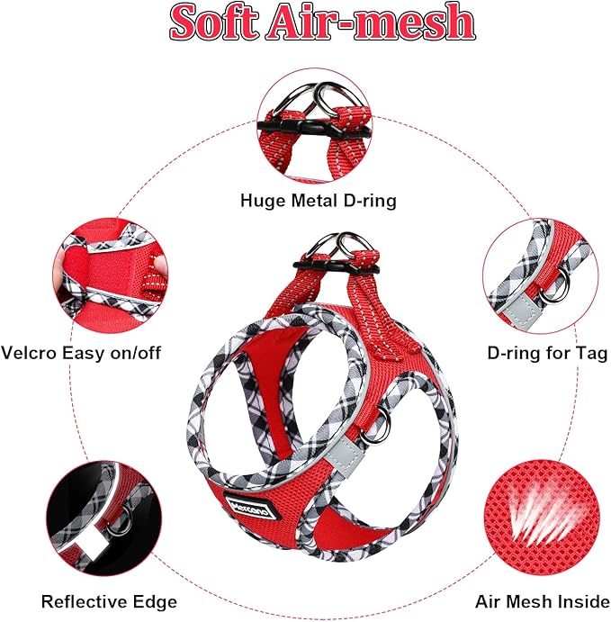 Mercano Soft Mesh Dog Harness and Leash Set, No-Chock Step-in Reflective Breathable Lightweight Easy Walk Escape Proof Vest Harnesses with Safety Buckle for Small Medium Dogs, Cats (Red, S) PAWPICO