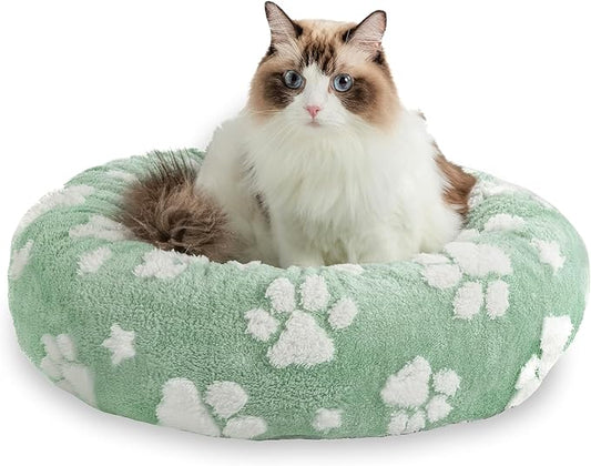 Donut Dog Beds for Small Dogs, Calming Round Cat Beds for Indoor Cats, Cute 3D Textured Paw Pet Bed with Removable Washable Cover and Anti-Slip Bottom（Green，20"） - PAWPICO