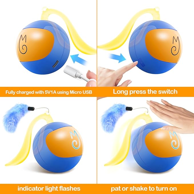 Migipaws Interactive Cat Ball Toy Set, Fun Tracker, Automatic Rolling Chase Ball with Fluffy Tail, A Small Mice, Rechargeable（Blue） - PAWPICO