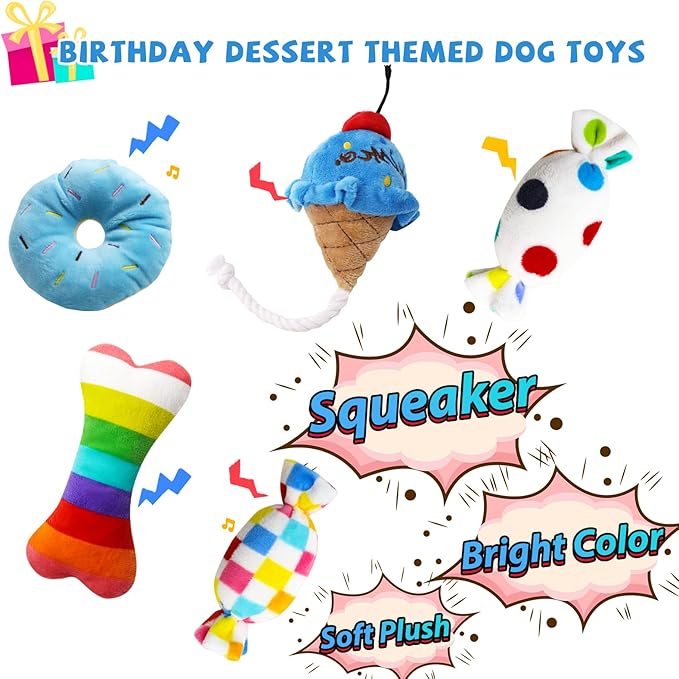 Dog Birthday Toy Set, 9Pcs Plush Pet Toy for Small Dogs, Includes Squeaky Cake Hat, Bandana, Dessert Themed Toys, Balloons, for Dog Birthday Party - PAWPICO