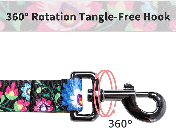Ihoming Dog Collar and Leash Set for Daily Outdoor Walking Running Training, Black Colorful Flowers Design for Medium Boys Girls Dogs Cats Pets, M-Up to 45LBS Ihoming