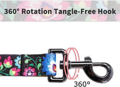 Ihoming Dog Collar and Leash Set for Daily Outdoor Walking Running Training, Black Colorful Flowers Design for Medium Boys Girls Dogs Cats Pets, M-Up to 45LBS Ihoming